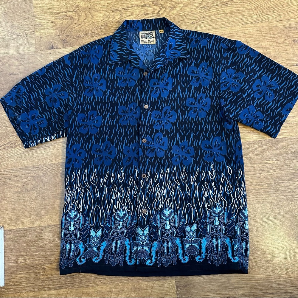 Maui Maui Men's Blue Hawaiian Floral Pattern Shirt